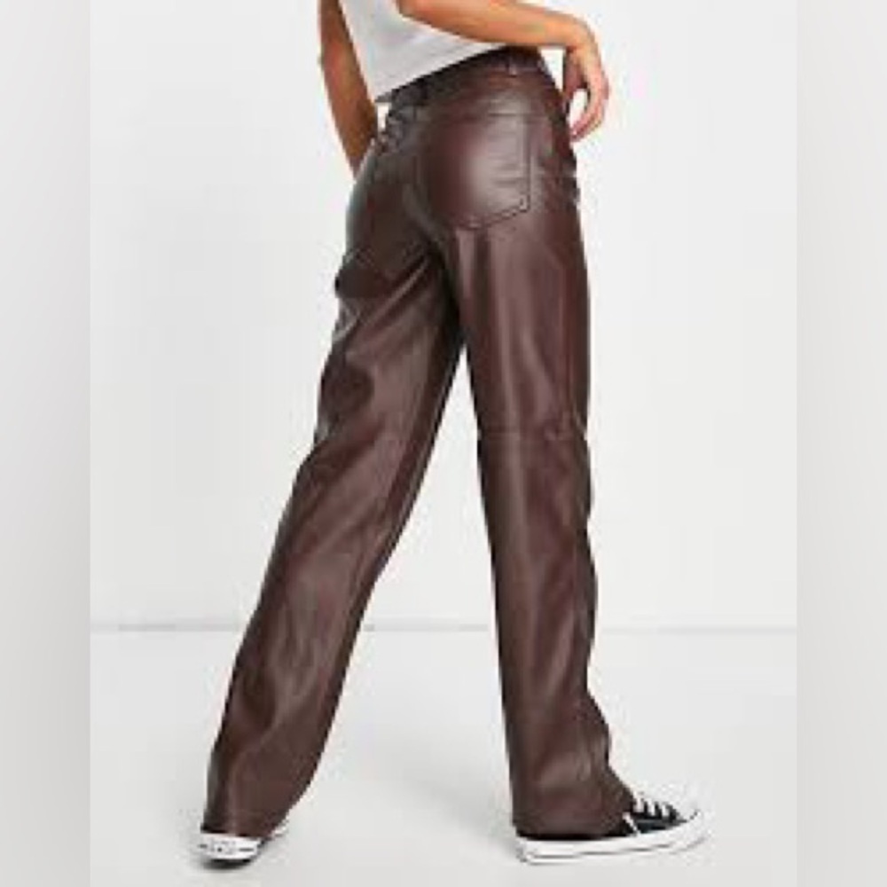 womans size 34/35 inch brown faux leather straight leg pants by pimkie